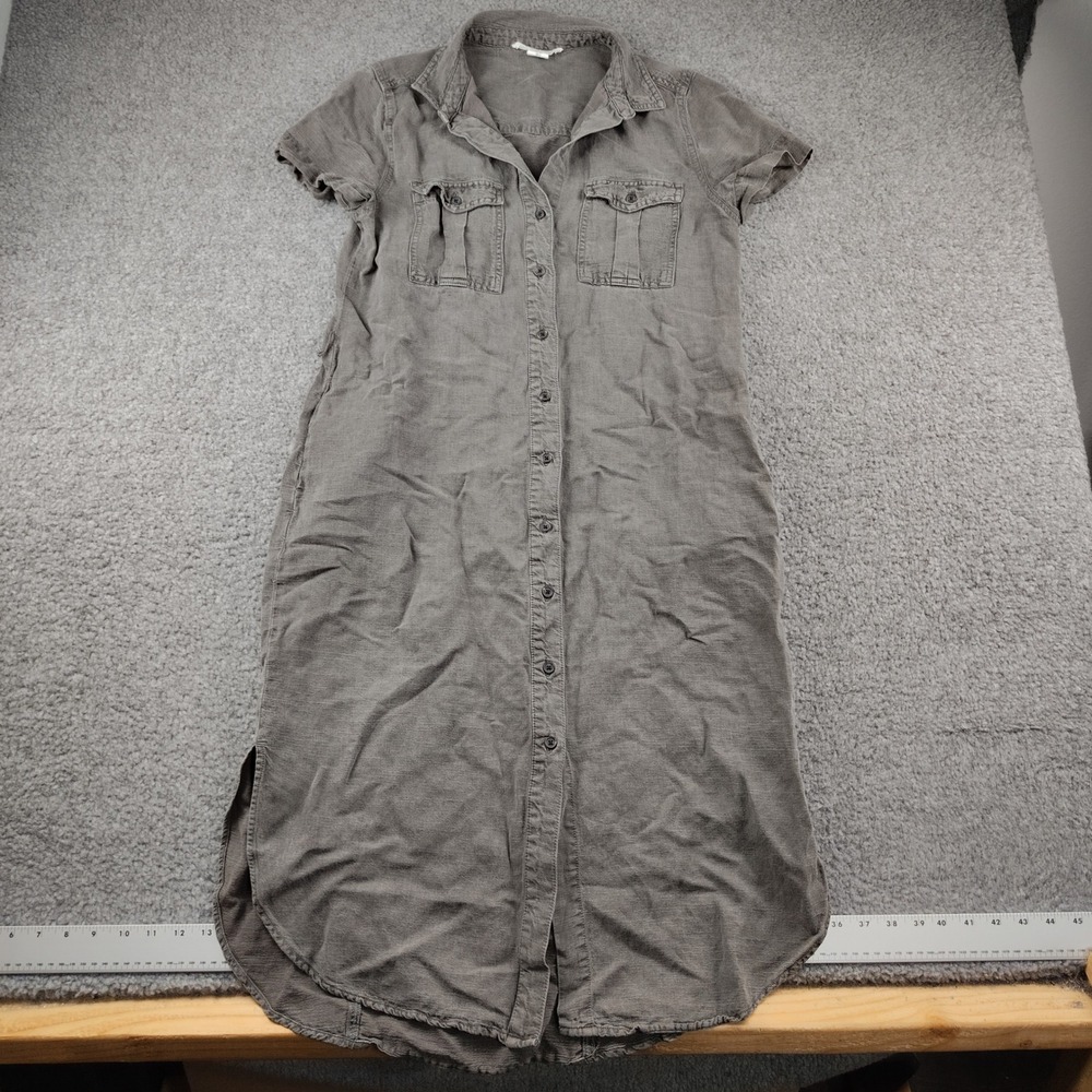 Lucky Brand Shirt Dress Linen Blend Sz Small Button Front Midi Grey Coastal EUC